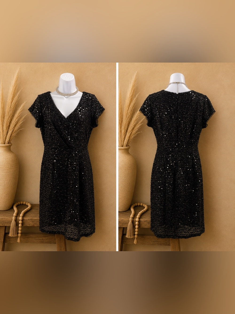 SLNY - Sequin V-Neck Short Sleeve Party Dress - Black